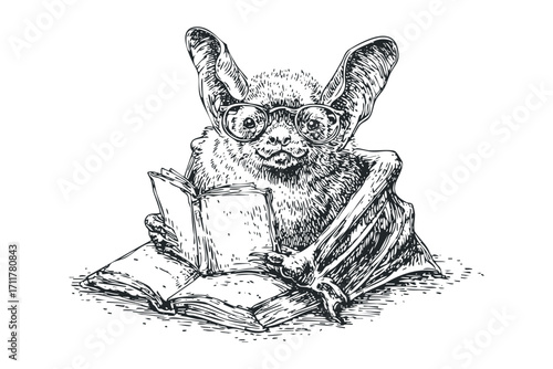 Cute bat wearing glasses reading a book on white. Vector hand drawn illustration