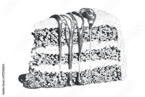 Slice of layered cake with thick frosting and drizzle. Vector hand drawn illustration