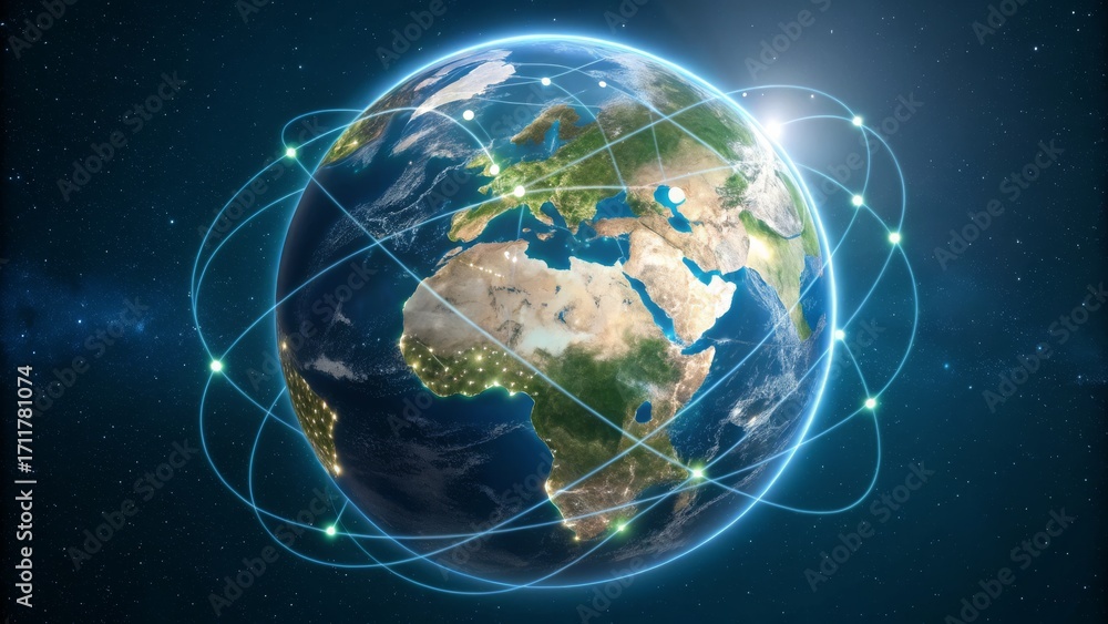 Fototapeta premium a high-tech global network with glowing lines and nodes on planet earth, representing worldwide communication, digital connectivity, and international technology solutions