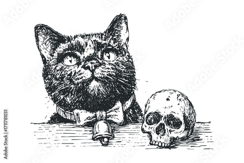Black cat with bell collar and skull sketch. Vector hand drawn illustration
