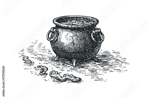 Vintage cauldron with bubbling contents on a. Vector hand drawn illustration