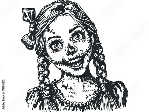 Creepy stitched doll with pigtails. Vector hand drawn illustration