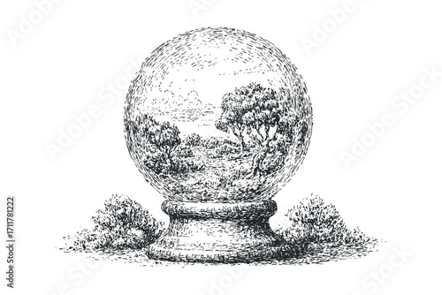 Landscape within a crystal ball on a white. Vector hand drawn illustration