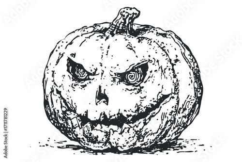 Scary carved pumpkin on a. Vector hand drawn illustration