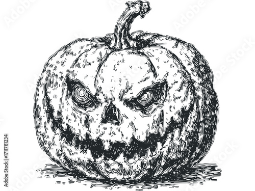 Scary Jack O Lantern with Spooky Grin on. Vector hand drawn illustration