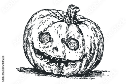 Spooky carved pumpkin illustration with hollow eyes and grinning mouth. Vector hand drawn illustration