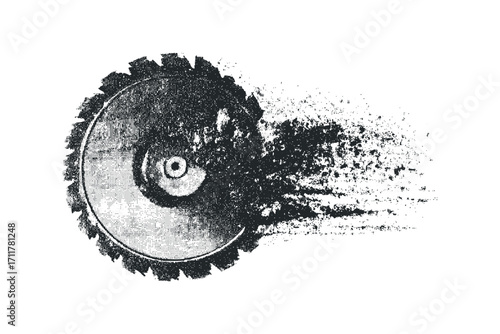 Grungy circular saw blade disintegrating into dust. Vector hand drawn illustration