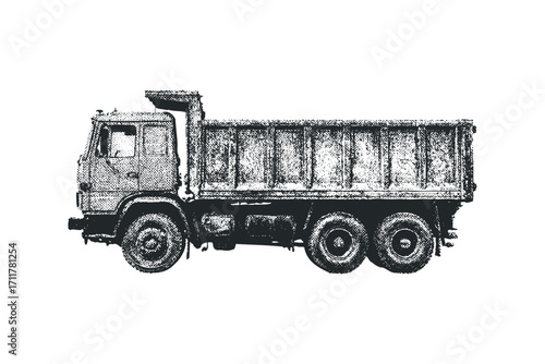 Heavy duty dump truck profile view. Vector hand drawn illustration