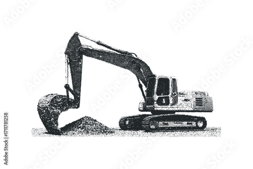 Heavy duty excavator digging pile of dirt on. Vector hand drawn illustration