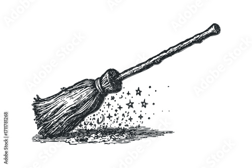Hand drawn old broomstick with magical sparks. Vector hand drawn illustration