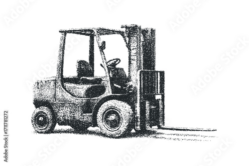 Stippled forklift vehicle side profile view. Vector hand drawn illustration