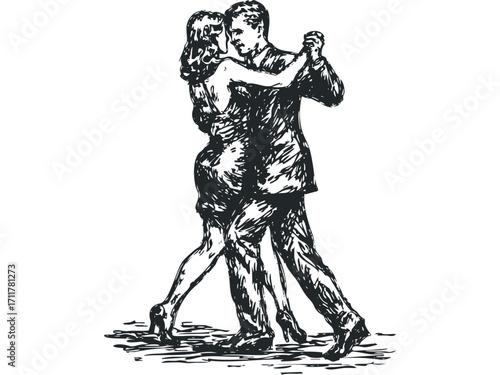 Man and woman dancing tango. Vector hand drawn illustration