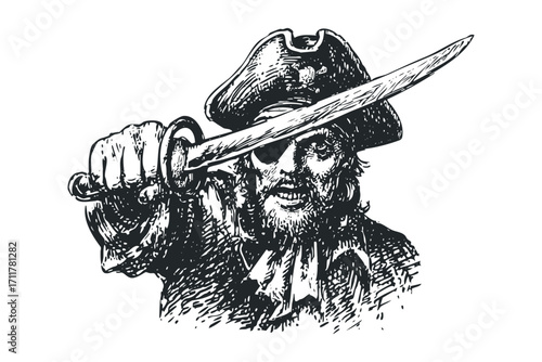 Pirate in tricorn hat holding cutlass with eye patch detailed sketch. Vector hand drawn illustration