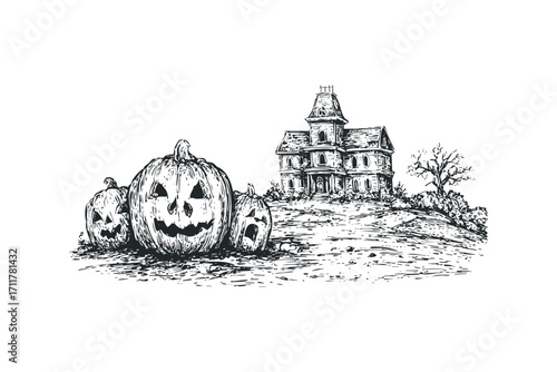 Spooky scene with carved pumpkins and haunted house on a hill. Vector hand drawn illustration