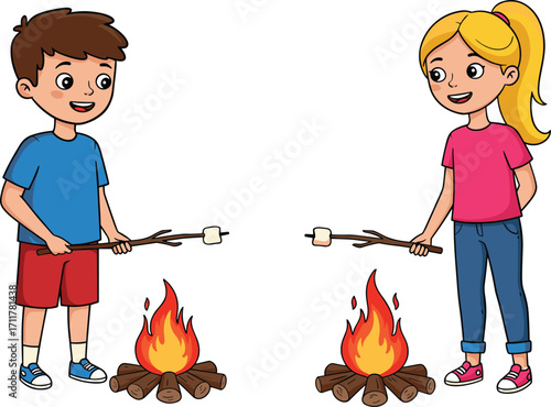 Happy children cartoon illustration, boy and girl roasting marshmallows, kids campfire activity, outdoor camping fun, bonfire night, smiling faces, playful adventure