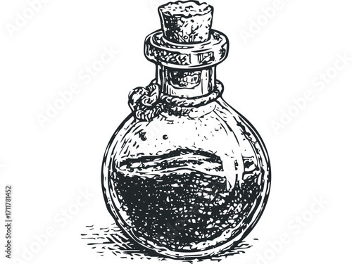 Potion bottle with cork and rope detail. Vector hand drawn illustration