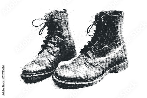 Vintage combat boots with laces isolated on white. Vector hand drawn illustration