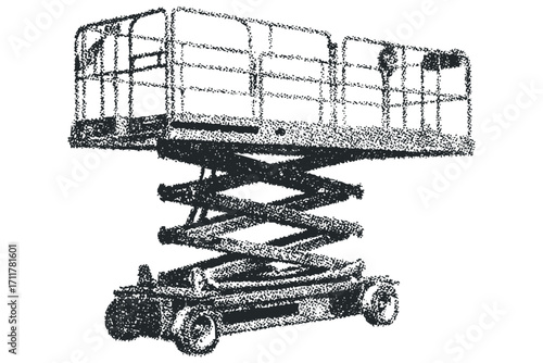 Scissor lift machine with textured stippling effect. Vector hand drawn illustration