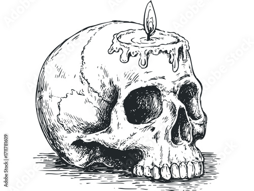 Engraved Skull With Dripping Candle Image. Vector hand drawn illustration