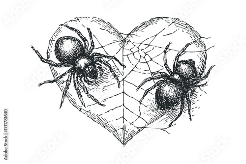 Vintage two spiders on a heart shaped cobweb. Vector hand drawn illustration