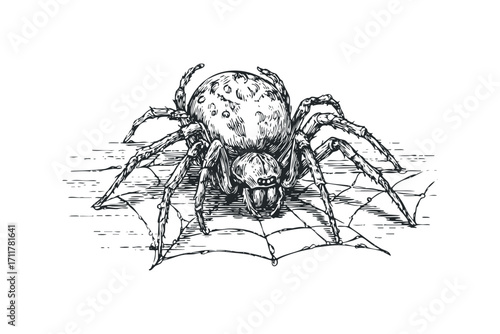 Detailed ink sketch of a large spider on a web. Vector hand drawn illustration