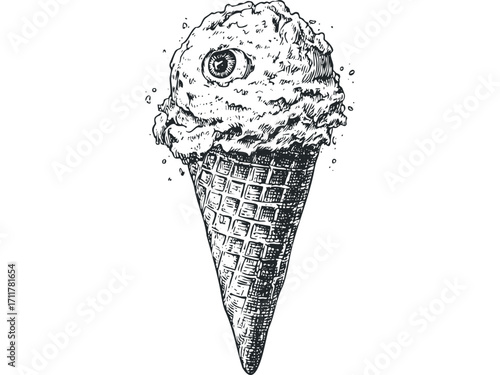 Surreal Ice Cream Cone With Eye. Vector hand drawn illustration