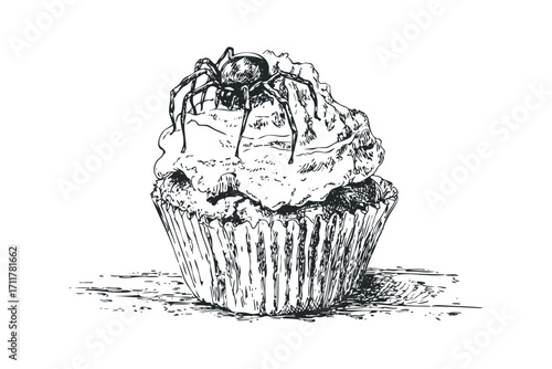 Spider on Cupcake Hand Drawn Sketch. Vector hand drawn illustration