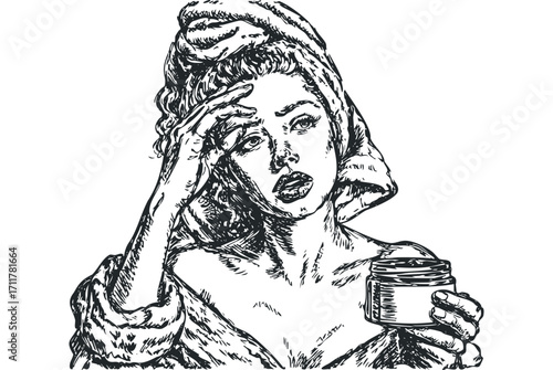 Woman in towel with lotion jar. Vector hand drawn illustration