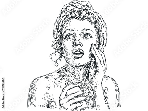 Line drawing of a woman applying cream to her face with a towel on her head. Vector hand drawn illustration