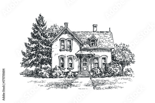 Pen sketch of a historic home with trees and greenery. Vector hand drawn illustration