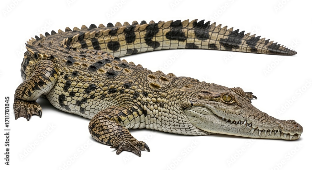 Naklejka premium Powerful crocodile with intricate scales and sharp features, captured in a studio setting against a clean white background. A formidable reptile.