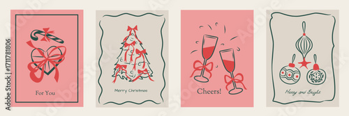 Wallpaper Mural Hand drawn la dolce vita Christmas doodles. Vector illustration cards icon with bows, drink and tree. Minimalist winter line art for invitations, stationery, printables, social media, wall art. Torontodigital.ca