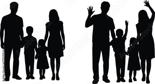 Family silhouette, parents and children, happy family, walking together, holding hands, father,