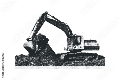 Heavy excavator digging soil. Vector hand drawn illustration