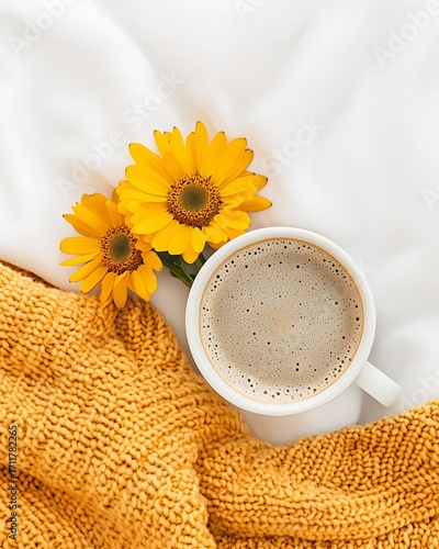 Cozy Morning Coffee with yellow flowers and blanket, warm Cozy Morning Coffee flat lay, relaxing Cozy Morning Coffee lifestyle background