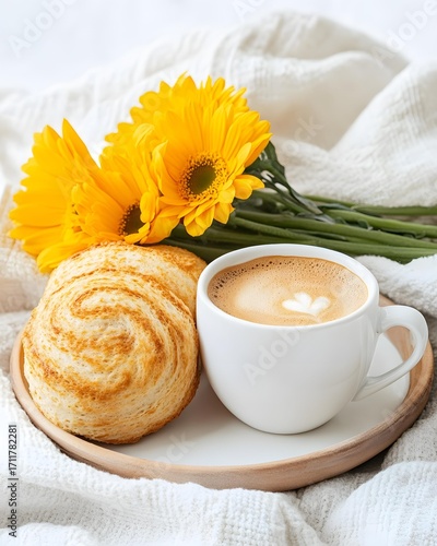 Cozy Breakfast Coffee with croissant and yellow flowers, warm Cozy Breakfast Coffee flat lay, relaxing Cozy Breakfast Coffee lifestyle scene