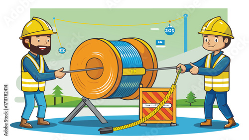 Dedicated construction workers pulling cable with tape measure for accurate installation, ensuring quality and reliability in every project with focused team effort