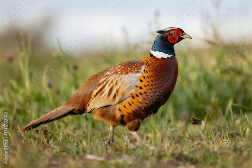 Colorful pheasant standing on green grass in natural environment