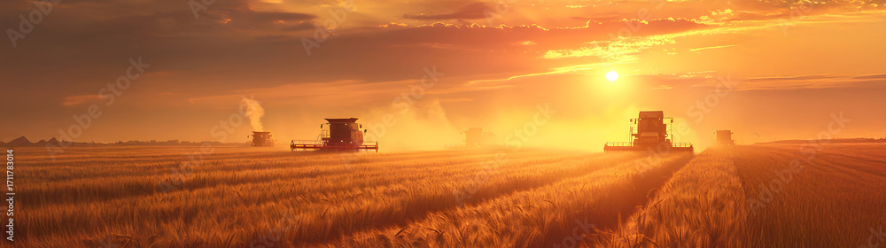 Fototapeta premium Group of harvesters harvesting ripe wheat field in autumn with sunset. Concept of agriculture, agronomy and crop collection.