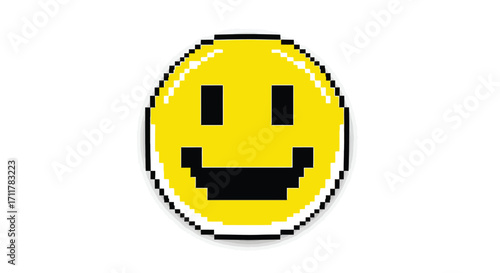 Pixelated smiley face with a cheerful expression conveying positivity and digital retro style for use in graphic design and social media applications and retro games