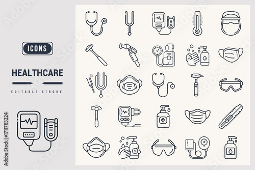 Healthcare Medical Equipment and Supplies Icons Collection White Background.