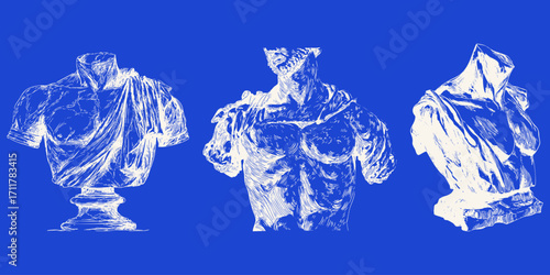 Vintage illustration of three broken Greek statue torsos in sketchy style, classical antique line art on blue background.