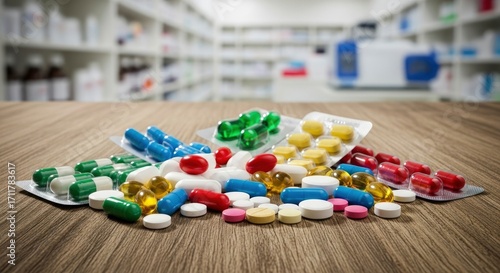 Assortment of colorful pills and capsules on a wooden table with a blurred pharmacy background, symbolizing health and medical care.