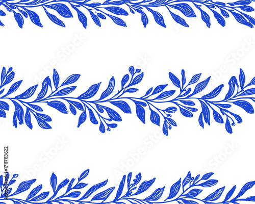Vintage sketchy ornament of olive branches in line art style. Vector hand drawn botanical border pattern in blue.