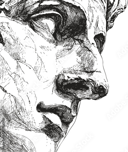 Black and white line art of ancient Greek statue head fragment with marble cracks, detailed classical sketchy style.