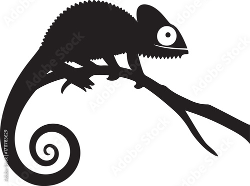 Black chameleon silhouette on branch with curly tail