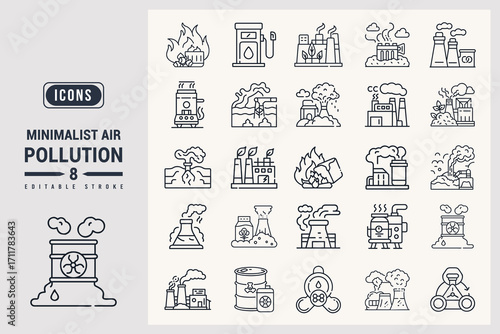Minimalist Air Pollution Icons Set Pack White Background.