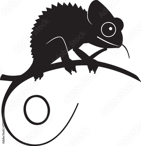 Chameleon perched on branch, tongue out, black silhouette