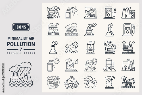 Minimalist Air Pollution Icons Set White Background.