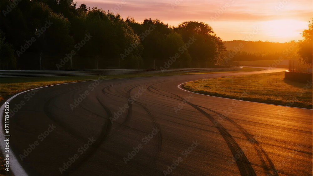 Naklejka premium Sunset over a winding race track with tire marks